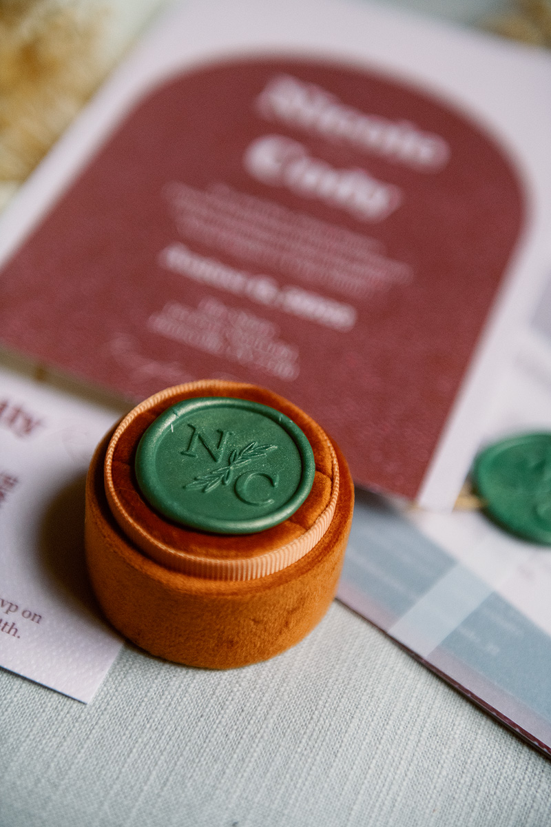 Olive Green Invitation Wax Seal with terracotta accent