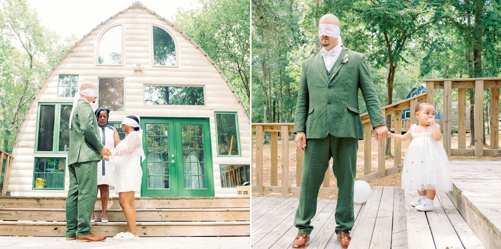 Groom in Green Linen shoot having first touch  at the shires in Huntsville