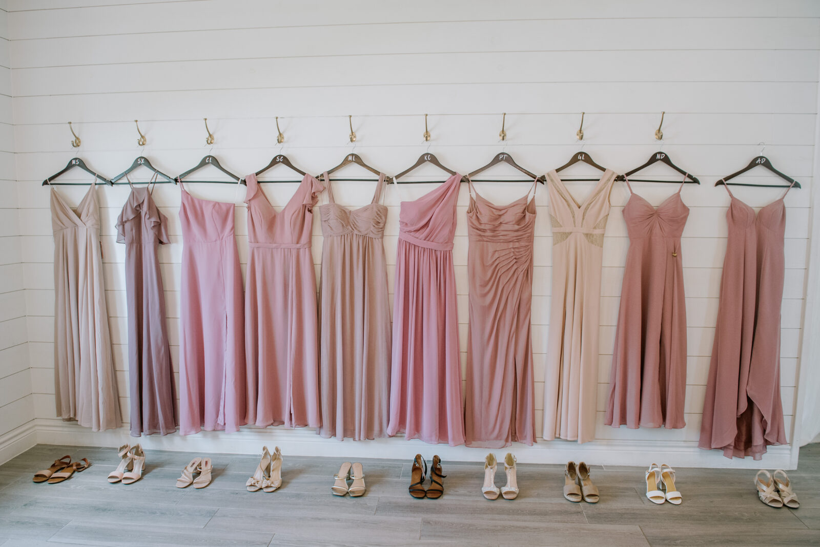 Bridemaids Dresses in various shades of Pink & Mauve at Houston Wedding Venue Boxwood Manor by houston photographer Mercie B Studio